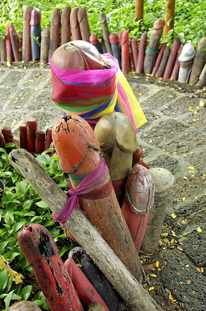 Formerly built to re-house the spirit from the ficus tree, donations of phallic symbols have resulted in the shrine being dedicated to fertility, Chao Mae Tuptim (Shrine of the Goddess Tuptim), Bangkok, Thailand, Southeast Asia, Asia