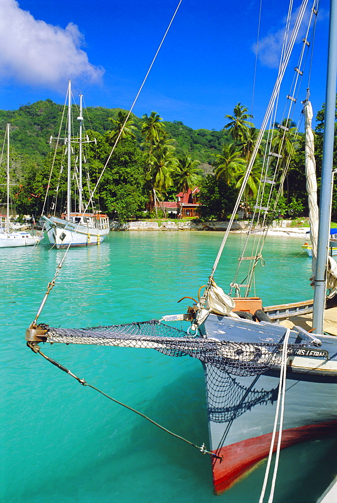 Harbour and village, La Digue, Seychelles, Indian Ocean 