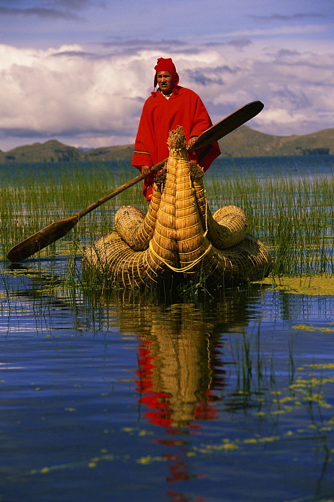 Traditiona Totora reed boat & Aymara, Lake Titicaca, Bolivia / Peru, South America