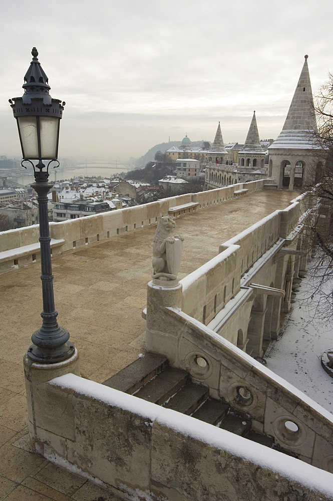 Snow on Fishermans Bastion, Castle Hill area, Budapest, Hungary, Europe