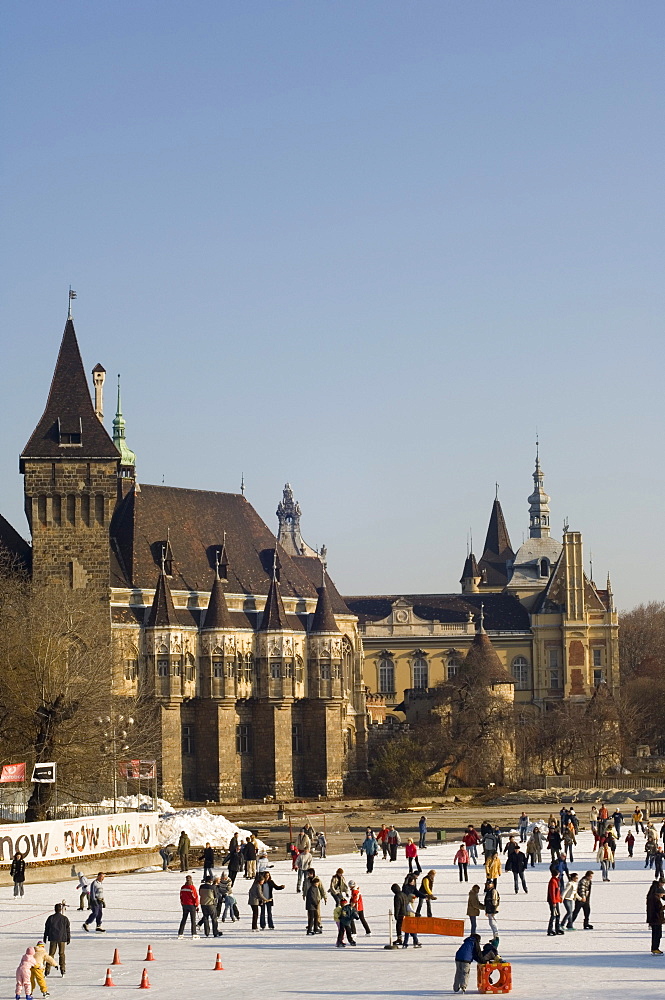 Skating on ice rink, Varosliget city park lake, with Vajdahunyad castle in the background, Budapest, Hungary, Europe