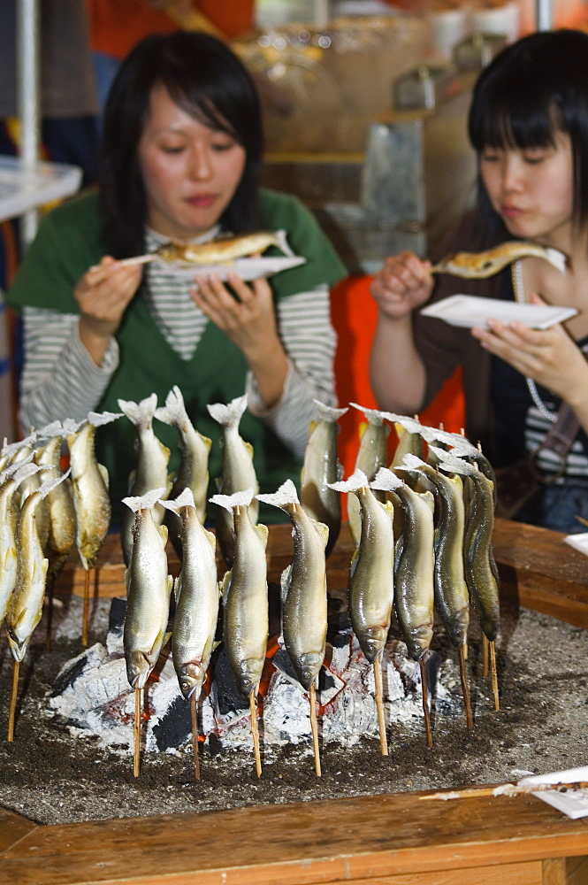 Barbequed fish stand, Autumn Festival, Kawagoe, Saitama prefecture, Japan, Asia