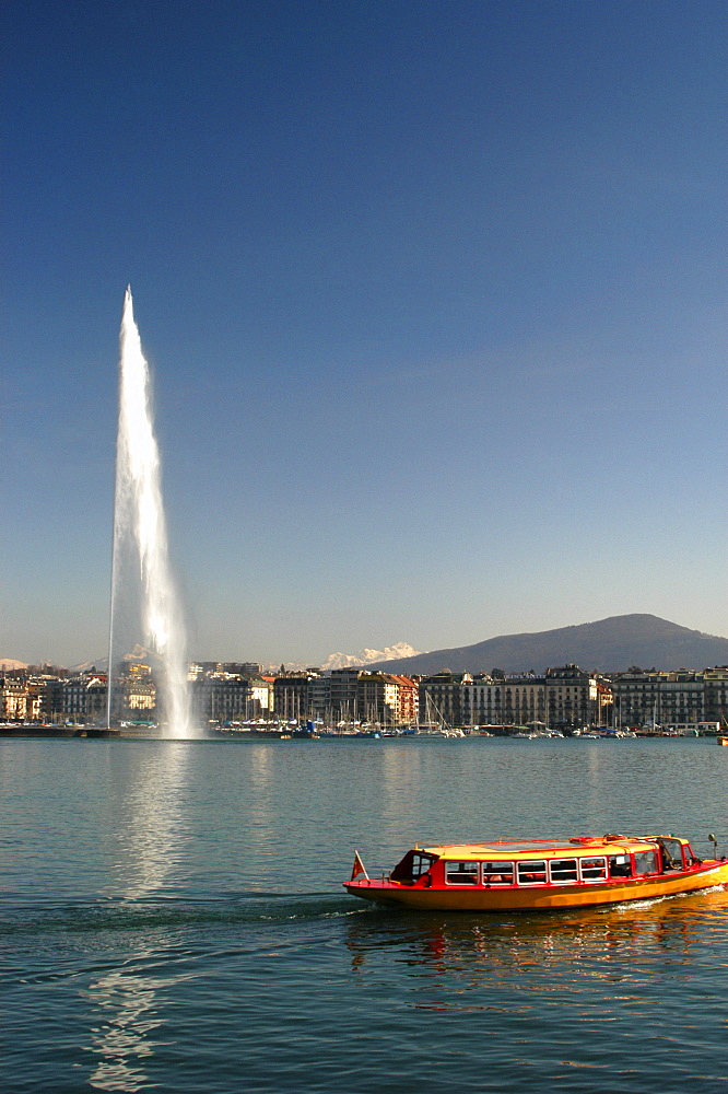 Water taxi, view of Mont Blanc, city harbour, water fountain Lake Geneva, Geneva, Switzerland, Europe
