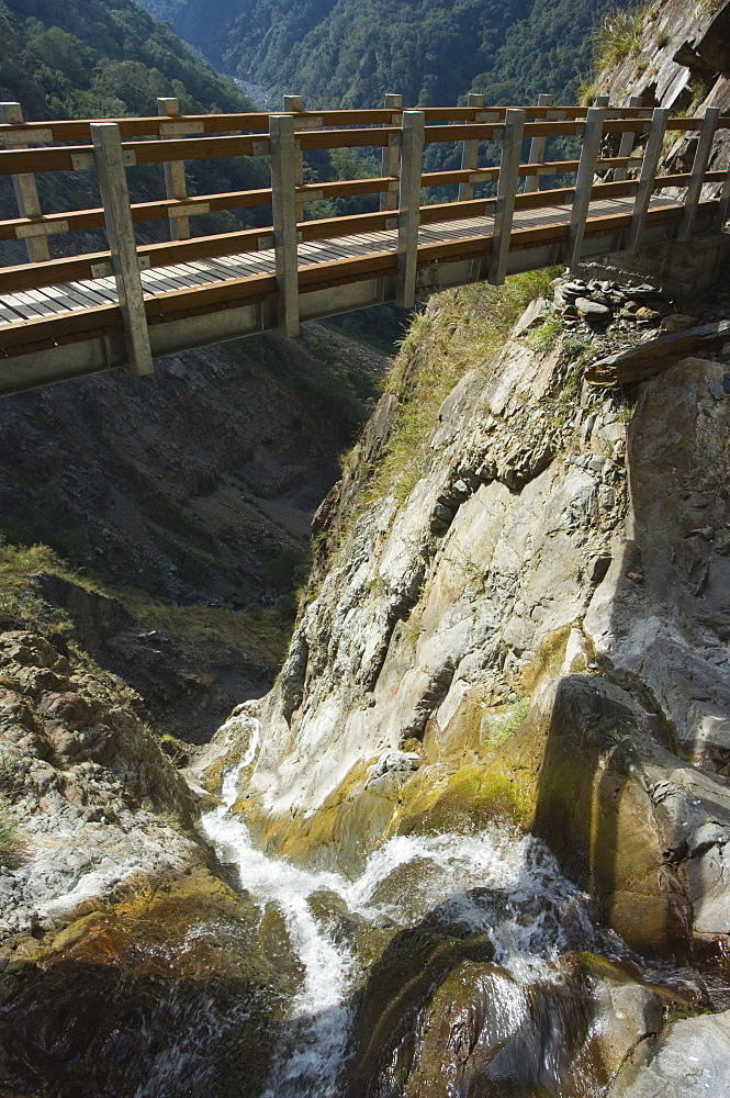 Bridge over waterfall, Yushan National Park, Nantou County, Taiwan, Asia