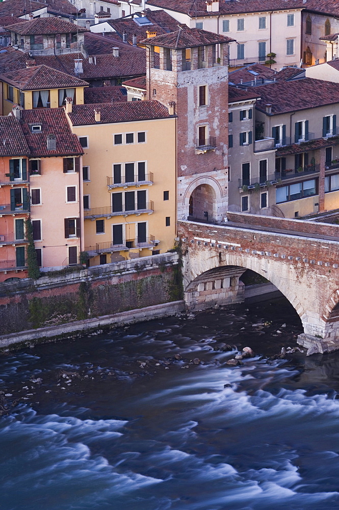 High view of city and Ponte Pietra, Verona, Veneto, Italy, Europe