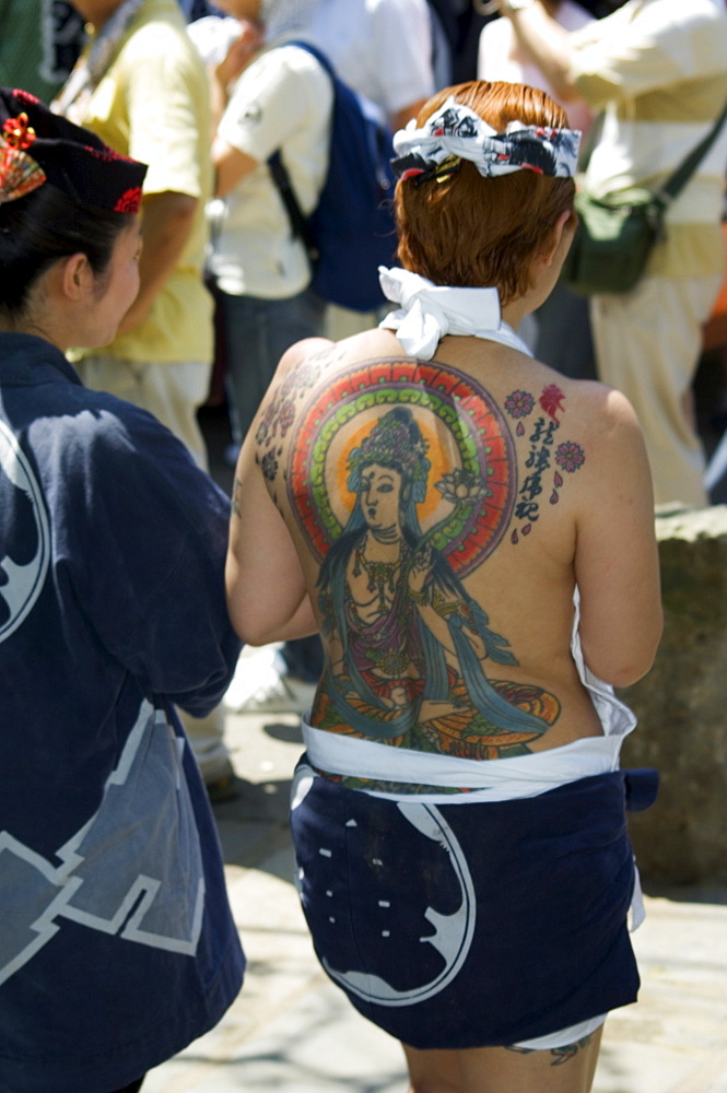 Girl with Shiva tattoo on back, Sanja Matsuri Festival, Sensoji Temple, Asakusa Jinja, Asakusa, Tokyo, Japan, Asia