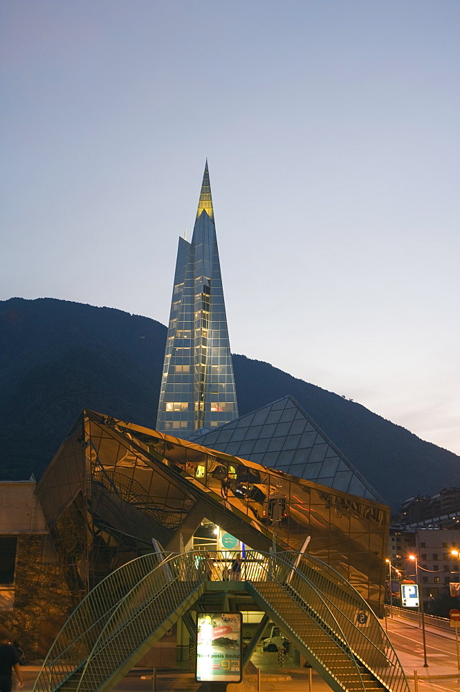 Caldea Hot Spring Complex lit up in the evening, Andorra La Vella, Andorra, Europe