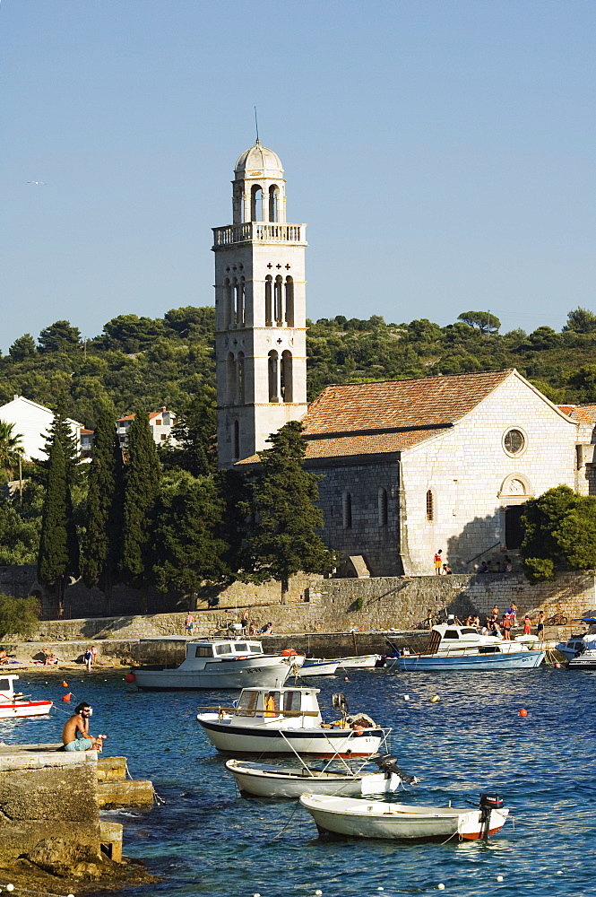 Harbour area, and 15th century Renaissance Franciscan monastery, Hvar Island, Dalmatia, Croatia, Europe