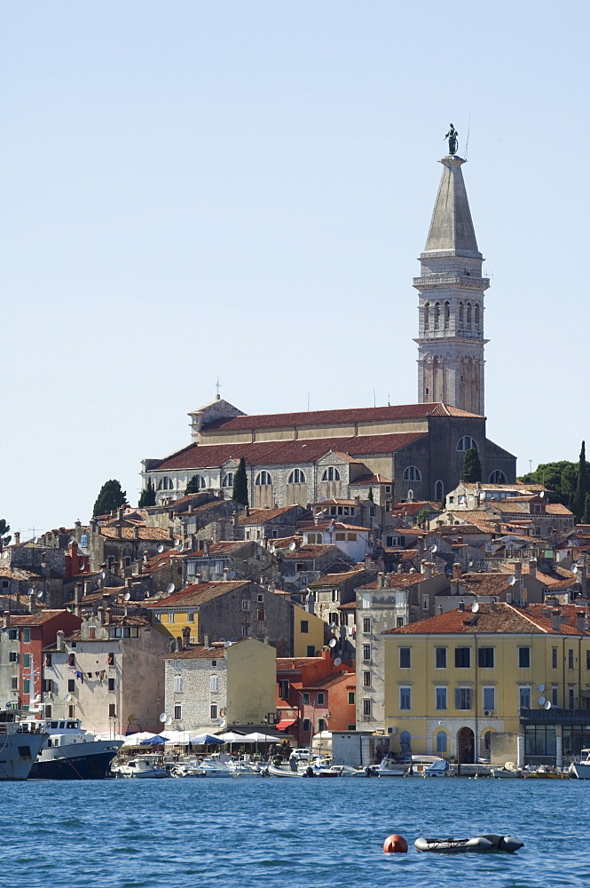 Old Town seafront houses and Cathedral of St. Euphemia dating from 1736, Rovinj, Istria Coast, Croatia, Europe