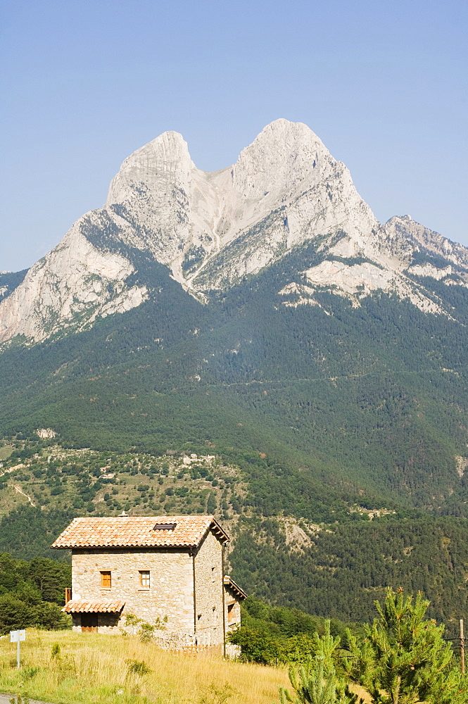 Stone house below Pedraforca (Stone Fork) mountain, 2497m, Serra del Cadi mountain range, Catalunya, Spain, Europe