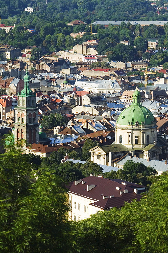 Old Town including Dominican church and monastery, and Assumption church bell tower dating from 1591-1629, seen from Castle Hill, UNESCO World Heritage Site, Lviv, Ukraine, Europe 