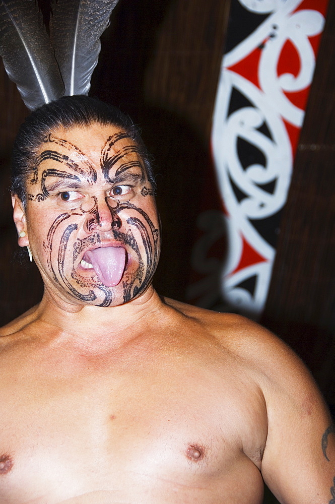 Local Maori man with traditional Moko face tattoo painting, The Tamaki Experience, Rotorua, Taupo Volcanic Zone, North Island, New Zealand, Pacific