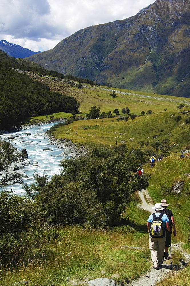 Hikers on Rob Roy Glacier Hiking Track, Mount Aspiring National Park, Otago, South Island, New Zealand, Pacific