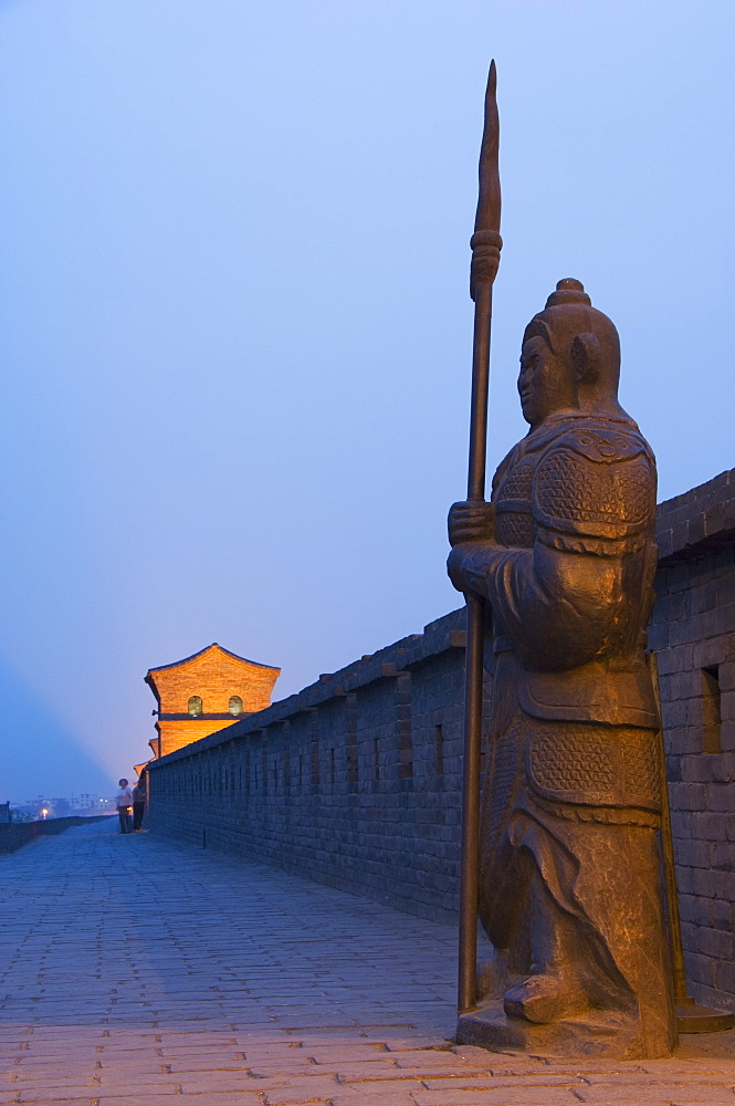 Ornamental guard on the last remaining intact Ming Dynasty city wall in China, Pingyao (Ping Yao), UNESCO World Heritage Site, Shanxi Province, China, Asia