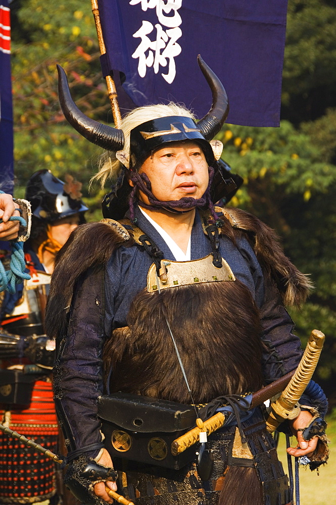 Samurai costume battle reenactment, Harajuku District, Tokyo, Honshu Island, Japan, Asia