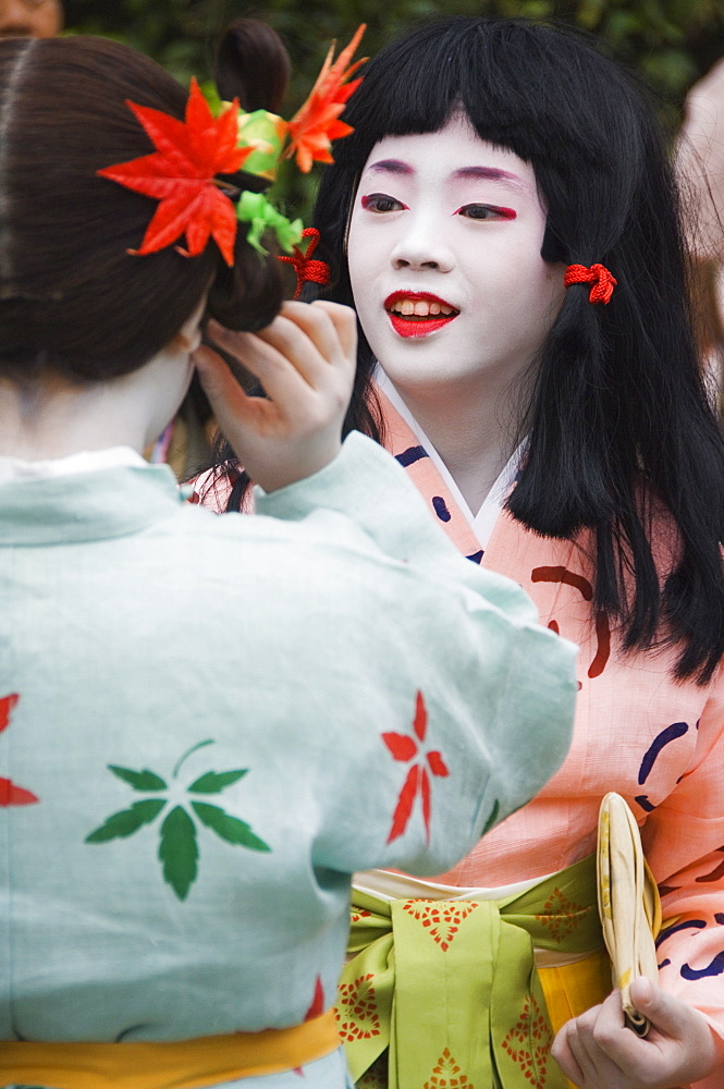 Traditional costume of court mistresses during the Jidai Festival of the Ages started in 1895, commemorating 1100 years since the start of the capital, Kyoto, Honshu Island, Japan, Asia