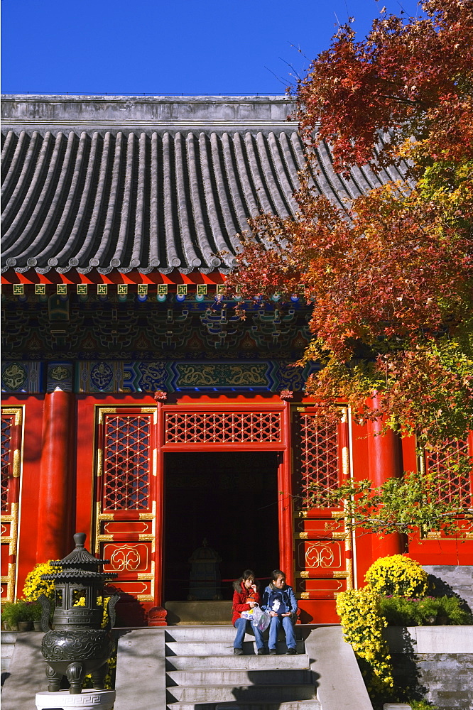 Autumn colours at a temple in Fragrant Hills Park in the Western Hills, Beijing, China, Asia