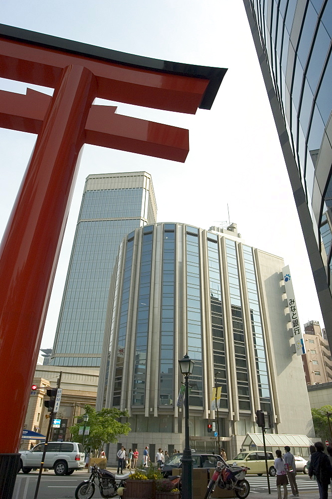 Tori gate, skyscrapers, Kobe city, Kansai, Honshu island, Japan, Asia