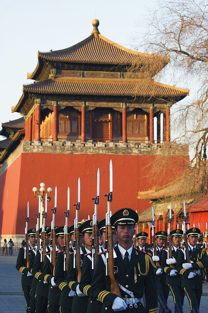 Military soldiers drill marching outside the Forbidden City Palace Museum, UNESCO World Heritage Site, Beijing, China, Asia