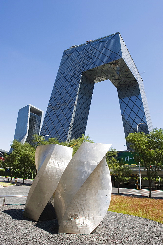 New CCTV Central Chinese Television building designed by Rem Koolhass of the Office for Metropolitan Architecture (OMA) in Guomao CBD, Beijing, China, Asia