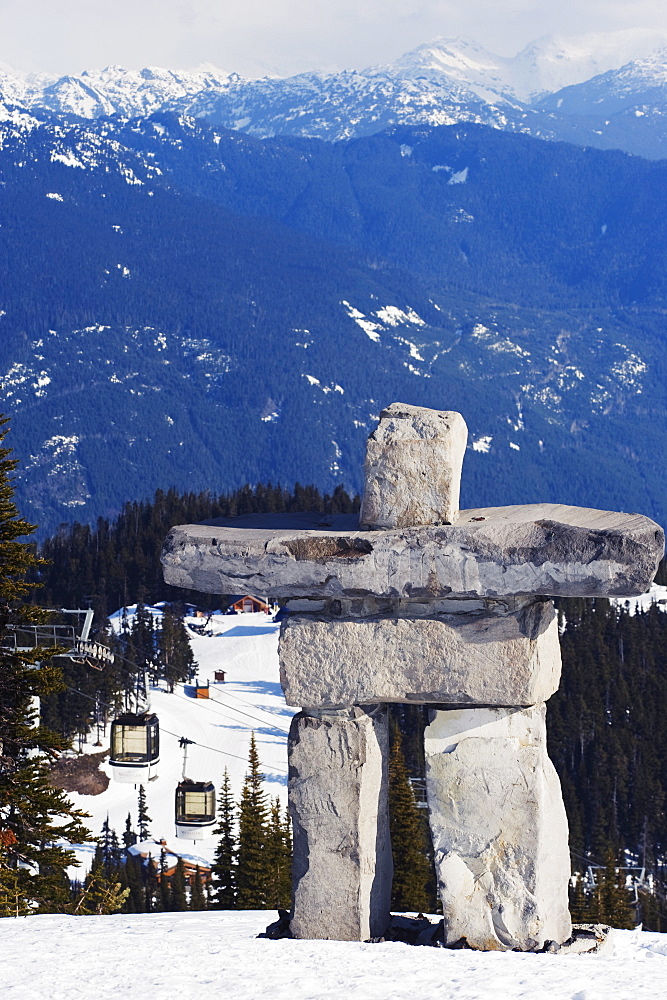 An Inuit Inukshuk stone statue, Whistler mountain resort, venue of the 2010 Winter Olympic Games, British Columbia, Canada, North America