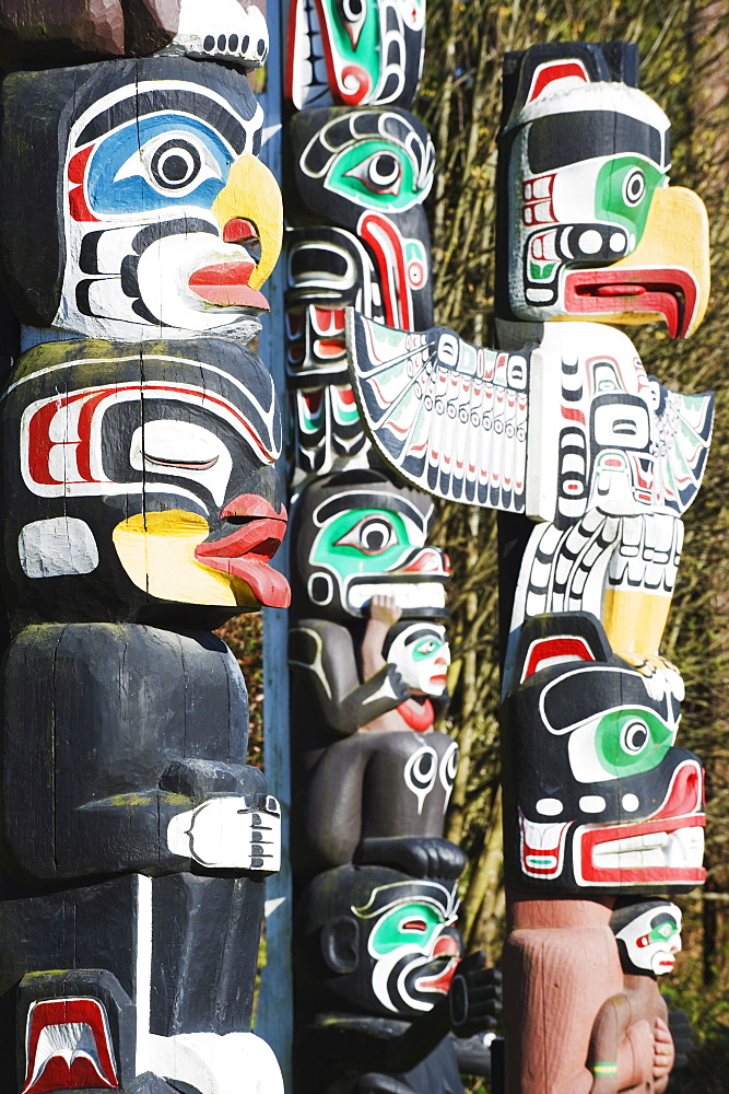 First Nation totem poles in Stanley Park, Vancouver, British Columbia, Canada, North America