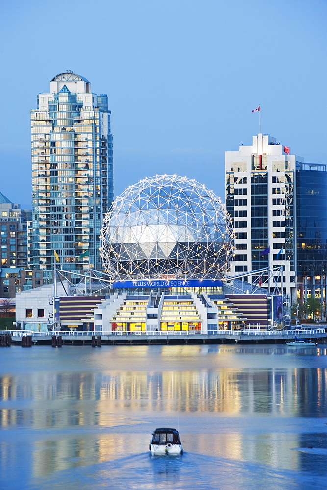 Telus Science World and a boat on False Creek, Vancouver, British Columbia, Canada, North America