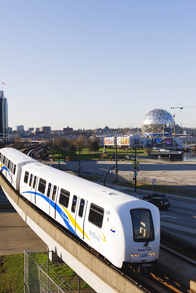 The SkyTrain in front of Telus Science World, Vancouver, British Columbia, Canada, North America