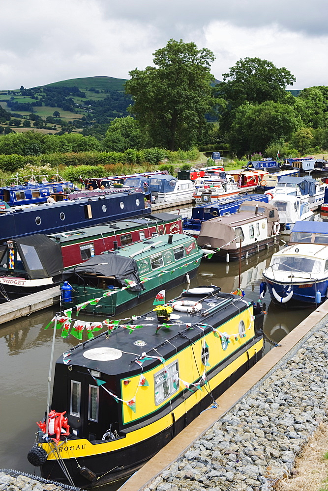 Colourful canal boats, Crickhowell, Gwent, Wales, United Kingdom, Europe