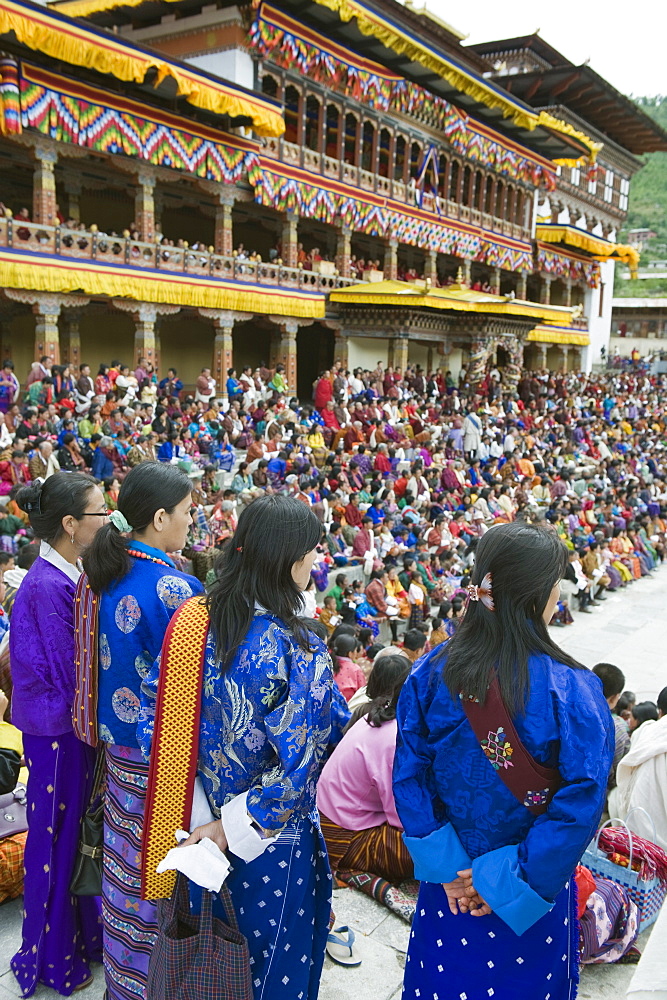 Spectators at Autumn Tsechu (festival) at Trashi Chhoe Dzong, Thimpu, Bhutan, Asia