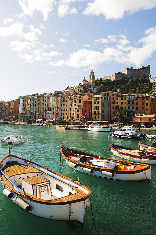 Waterfront pastel coloured houses, harbour at Porto Venere, Cinque Terre, UNESCO World Heritage Site, Liguria, Italy, Europe