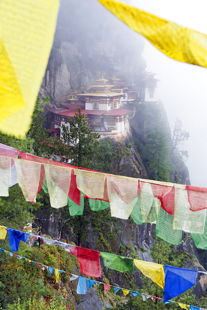 Prayer flags at the Tigers Nest (Taktsang Goemba), Paro Valley, Bhutan, Asia