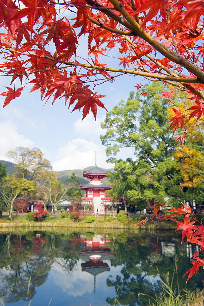 Pagoda on Osawa Pond, Daikaku ji (Daikakuji) Temple, dating from 876, Sagano area, Kyoto, Japan, Asia