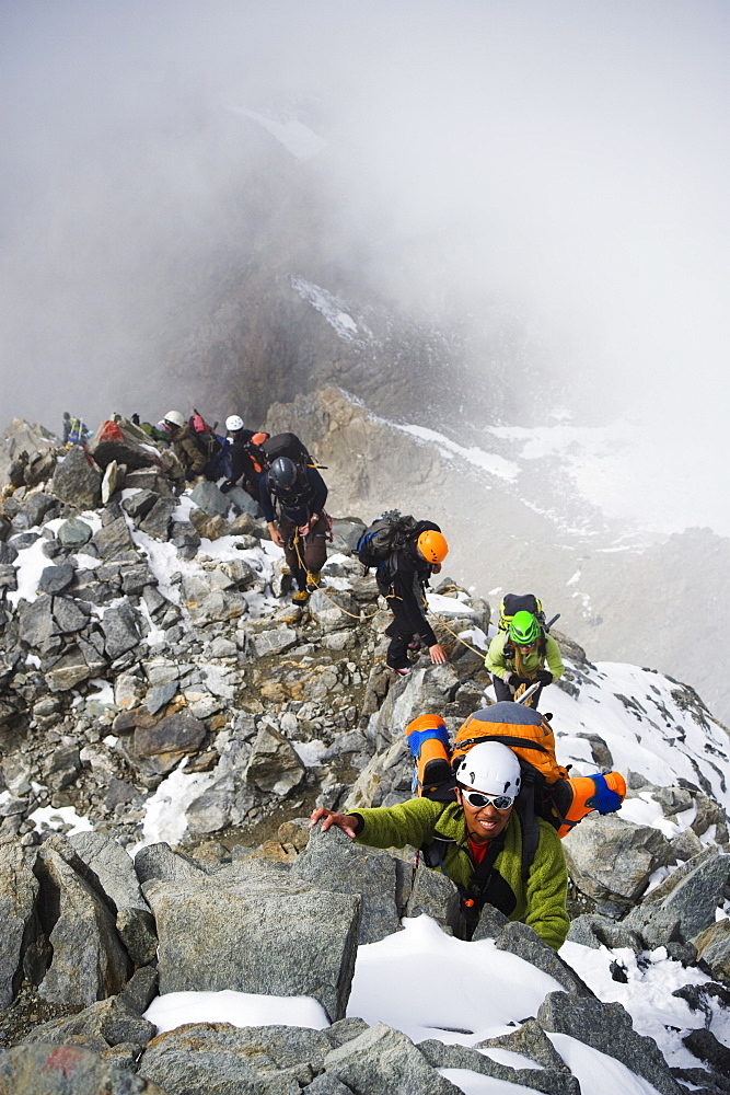 Climbers on lower slopes of Mont Blanc, Chamonix, French Alps, France, Europe