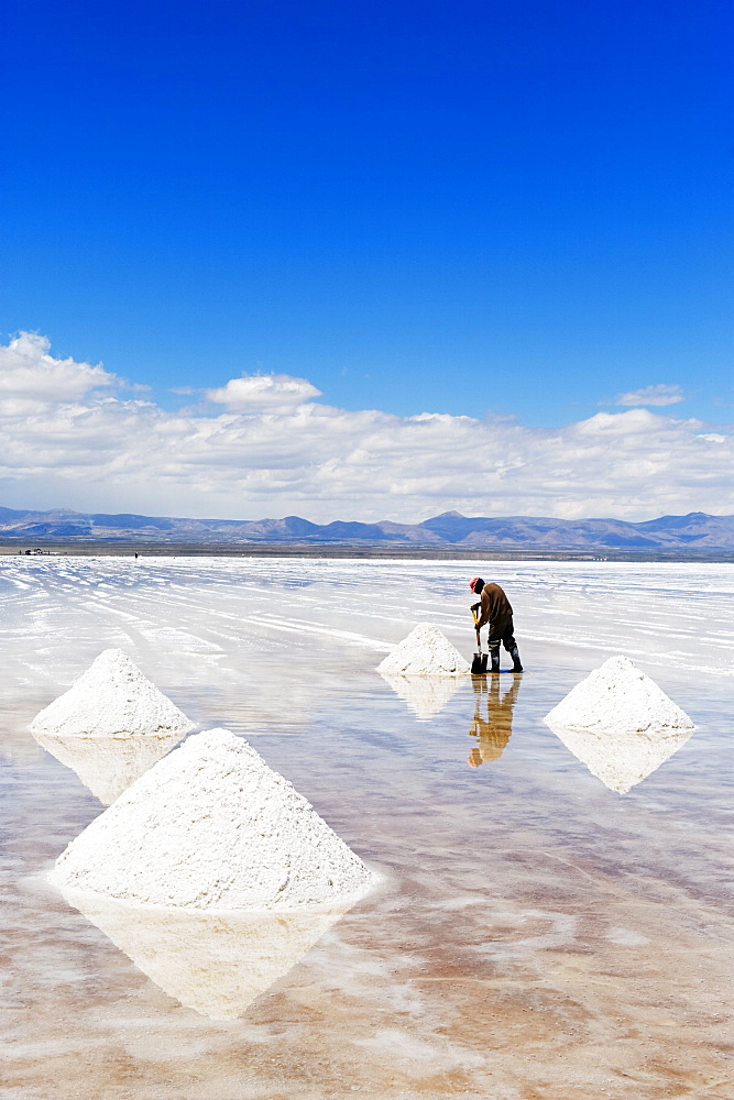 Man collecting salt, Salir de Uyuni, salt flats, Bolivia, South America