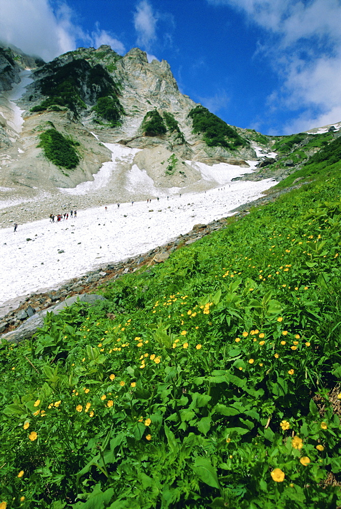 Hikers en route to Mt. Hakuba Glacier, Northern Alps, Japan