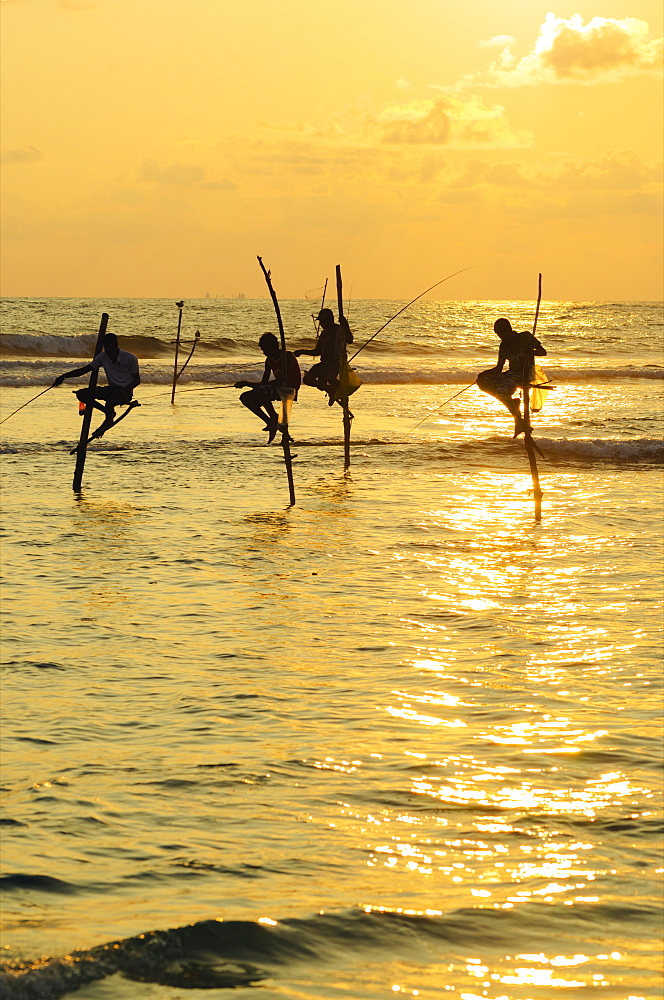 Stilt fishermen, Dalawella, Sri Lanka, Indian Ocean, Asia