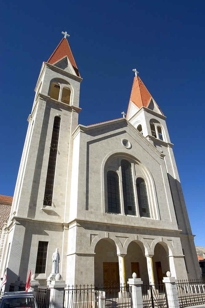 St. Saba Church, red tile roofed town, Bcharre, Qadisha Valley, North Lebanon, Middle East