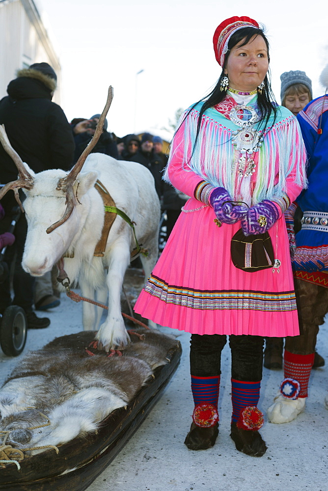 Ethnic Sami people at winter festival, Jokkmokk, Lapland, Arctic Circle, Sweden, Scandinavia, Europe