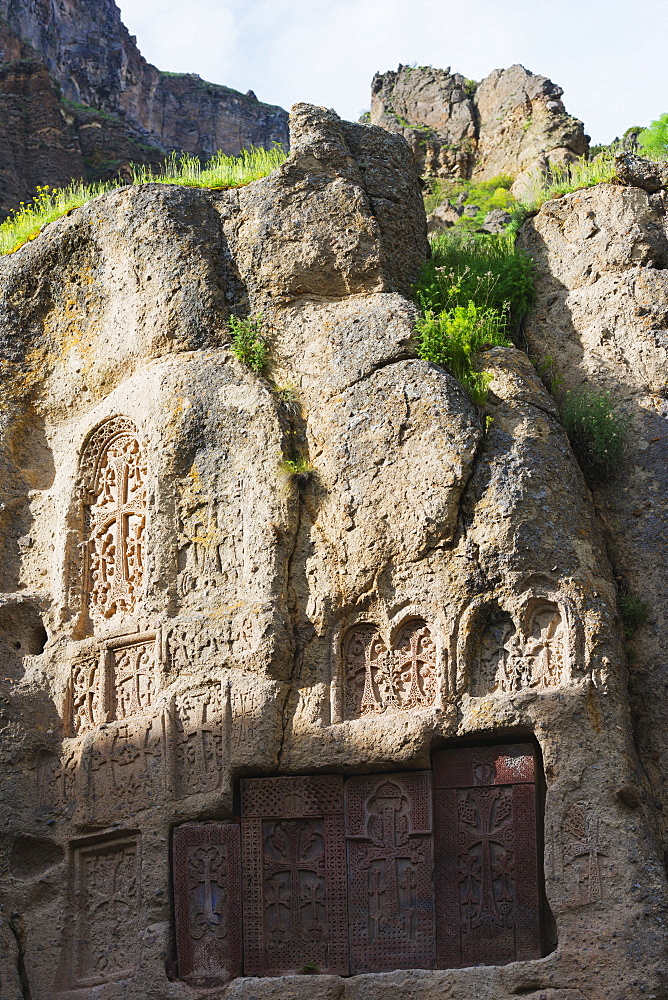 Khachkar crosses, Geghard Monastery, UNESCO World Heritage Site, Kotayk Province, Armenia, Caucasus, Central Asia, Asia