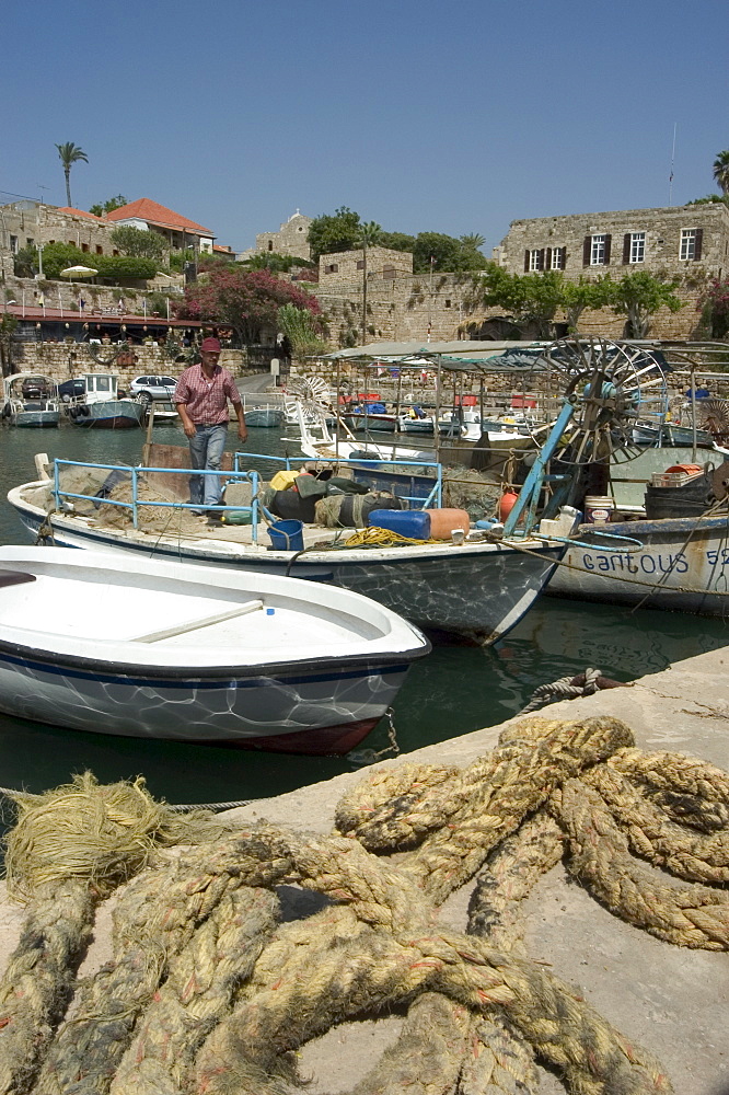 Boats in old port harbour, Byblos, Lebanon, Middle East