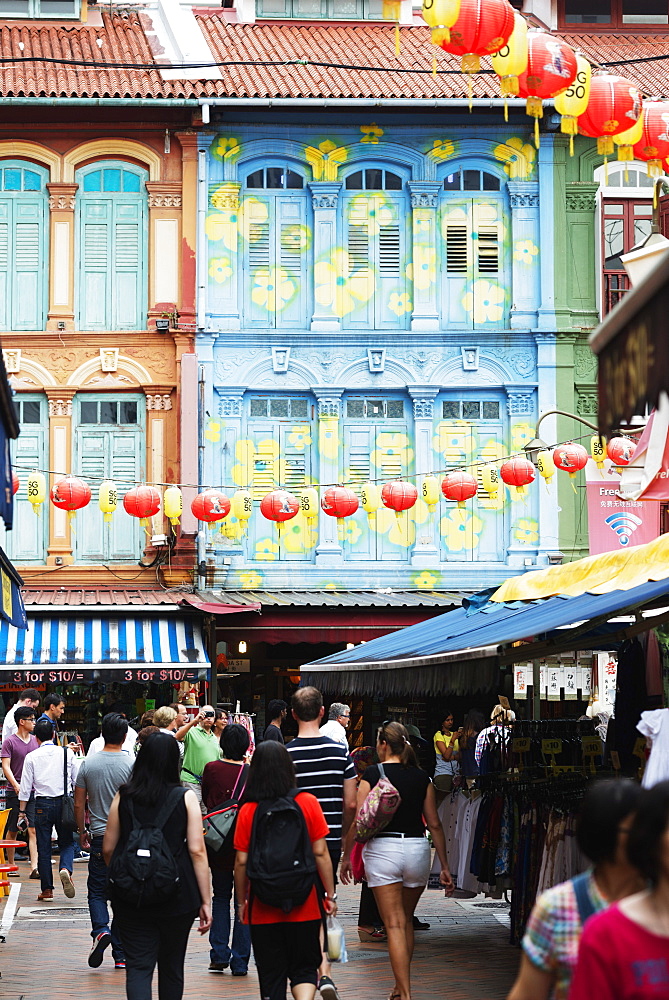 Chinese lanterns and shutters on a colonial building, Chinatown, Singapore, Southeast Asia, Asia