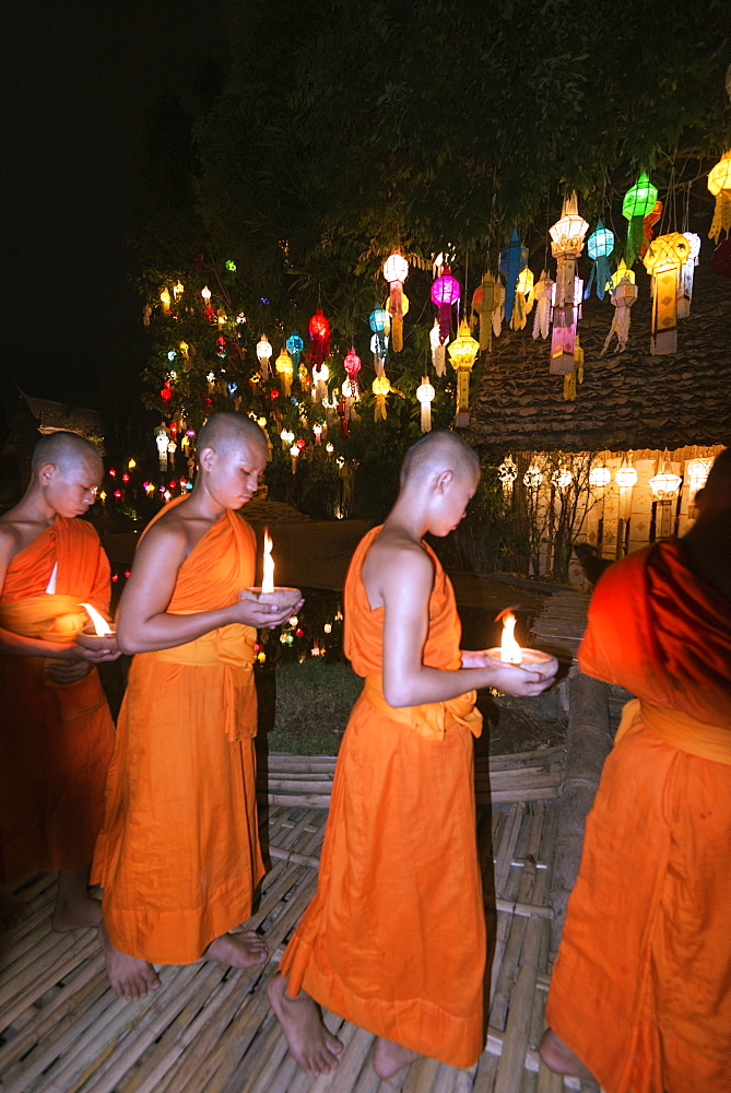 Monks celebrating Loi Kratong festival, Wat Phan Tao Temple, Chiang Mai, Thailand, Southeast Asia, Asia