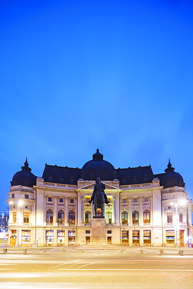 Central University library and statue of King Carol I of Romania, Bucharest, Romania, Europe