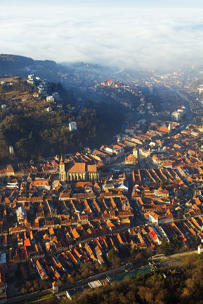 Hilltop view of Brasov old town, The Black Church and History Museum, Brasov, Romania, Europe