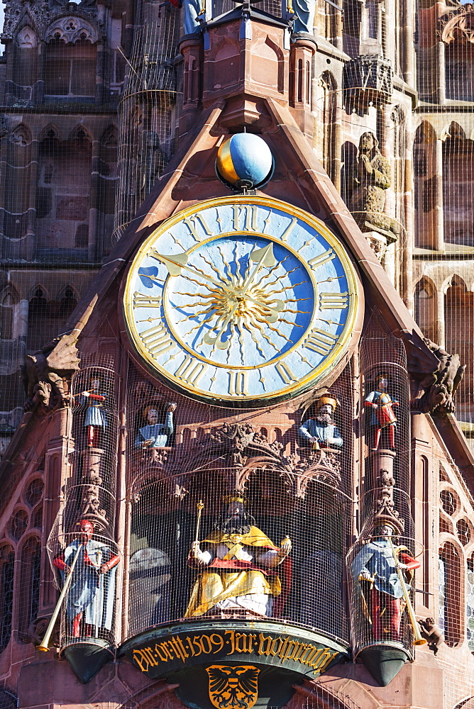 Musical clock on Frauenkirche (Church of Our Lady), Nuremberg (Nurnberg), Franconia, Bavaria, Germany, Europe