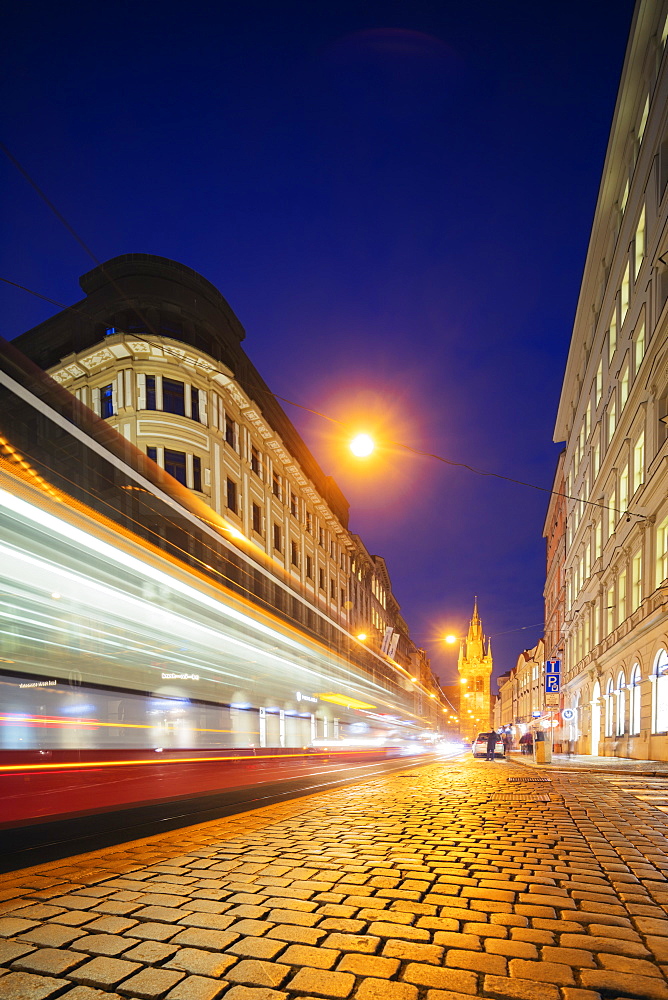 City tram lights heading towards The Powder Tower, Old Town, Prague, Czech Republic, Europe