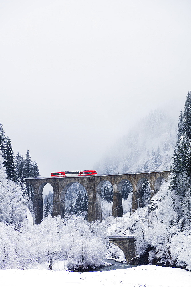 Mont Blanc Express train going over a viaduct, Chamonix, Haute Savoie, Rhone Alpes, France, Europe