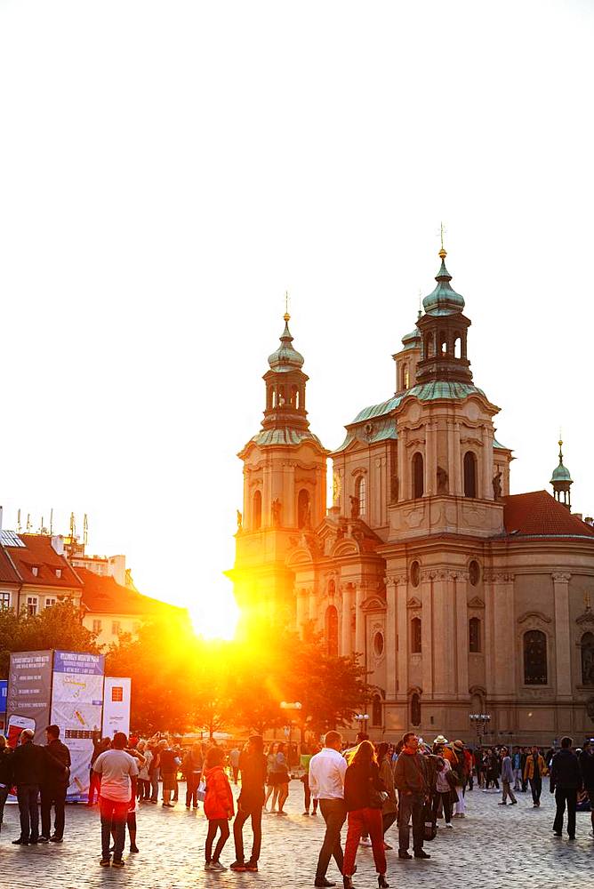 Old Town Square, St. Nicholas Church, Prague, UNESCO World Heritage Site, Bohemia, Czech Republic, Europe