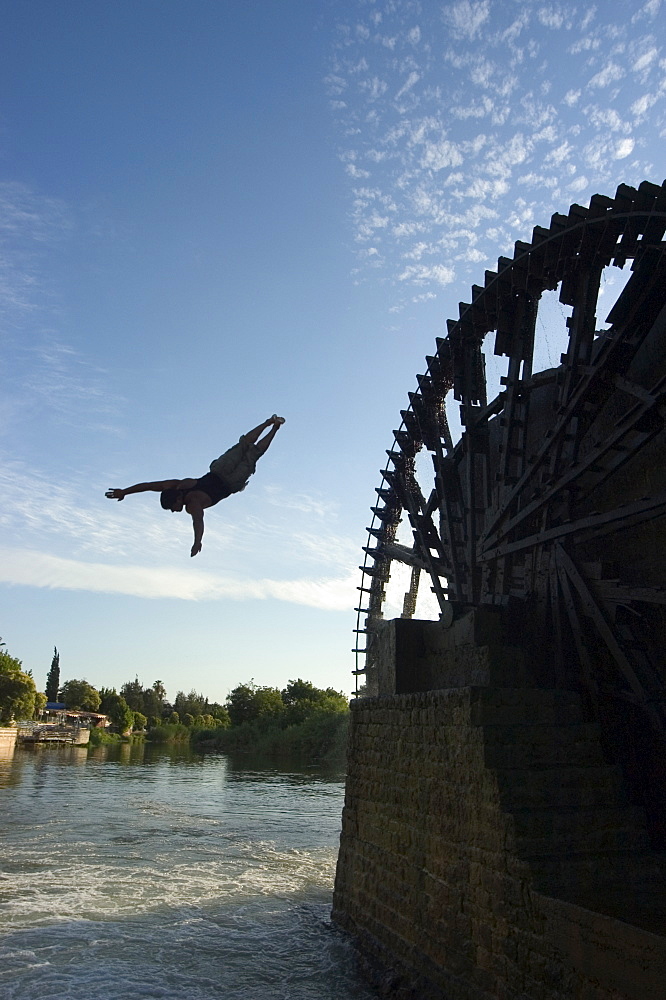 Man diving off water wheel, Orontes River, Hama, Syria, Middle East